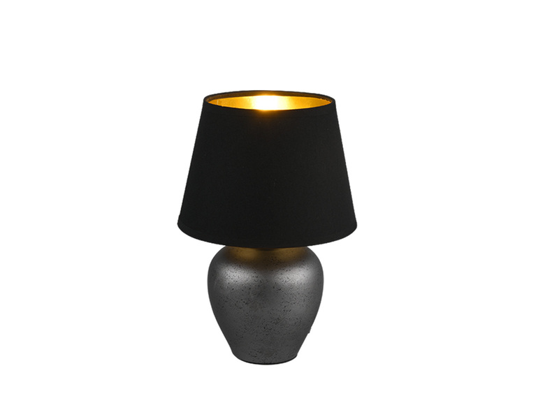 Kleine LED Tischleuchte mit Keramikfuß & Stoffschirm Schwarz Gold, Höhe 26cm