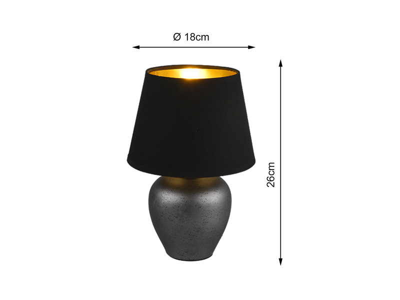 Kleine LED Tischleuchte mit Keramikfuß & Stoffschirm Schwarz Gold, Höhe 26cm