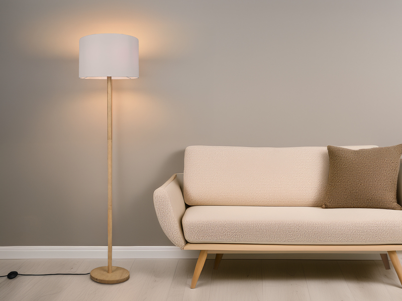 LED Stehlampe mit Stoff Lampenschirm Weiß & Holz Fuß Höhe 162cm