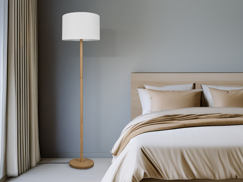 LED Stehlampe mit Stoff Lampenschirm Weiß & Holz Fuß Höhe 162cm