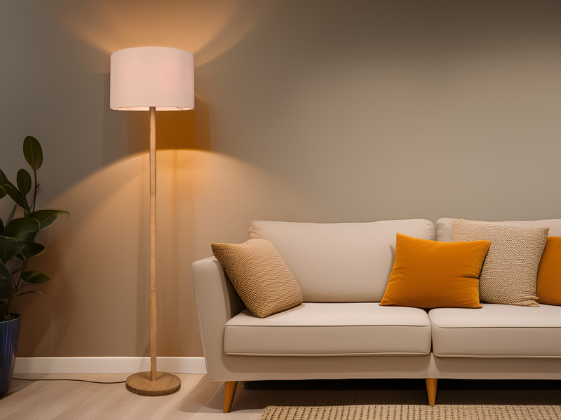 LED Stehlampe mit Stoff Lampenschirm Weiß & Holz Fuß Höhe 162cm