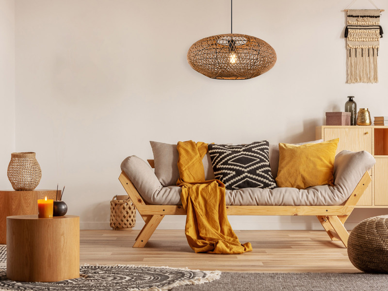 Große Boho Pendelleuchte HEDDA Korbgeflecht aus Sisal 1-flammig Ø 52cm