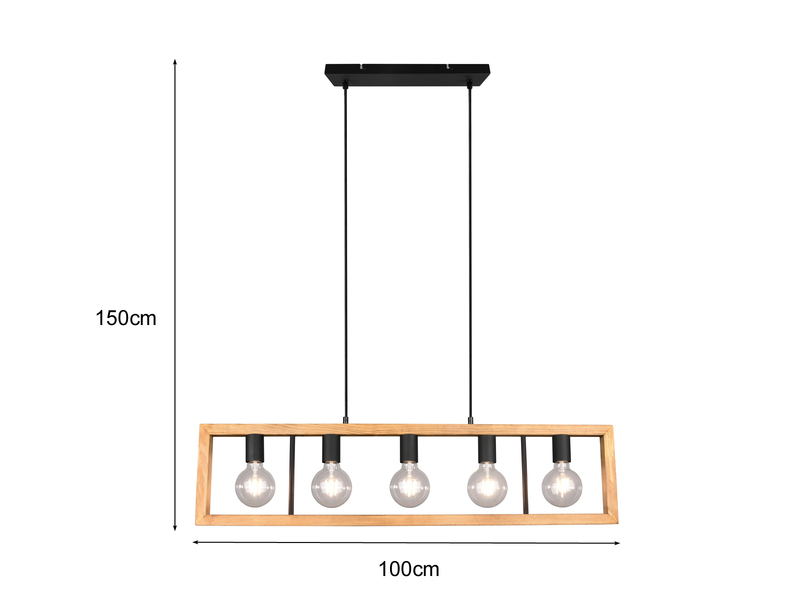 Balken Pendelleuchte AGRA 5 flammig Schwarz mit Holzbalken Breite 100cm