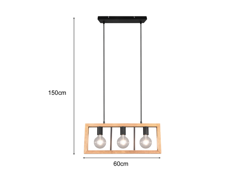 LED Balken Pendelleuchte 3 flammig Schwarz mit Holzbalken Breite 60cm