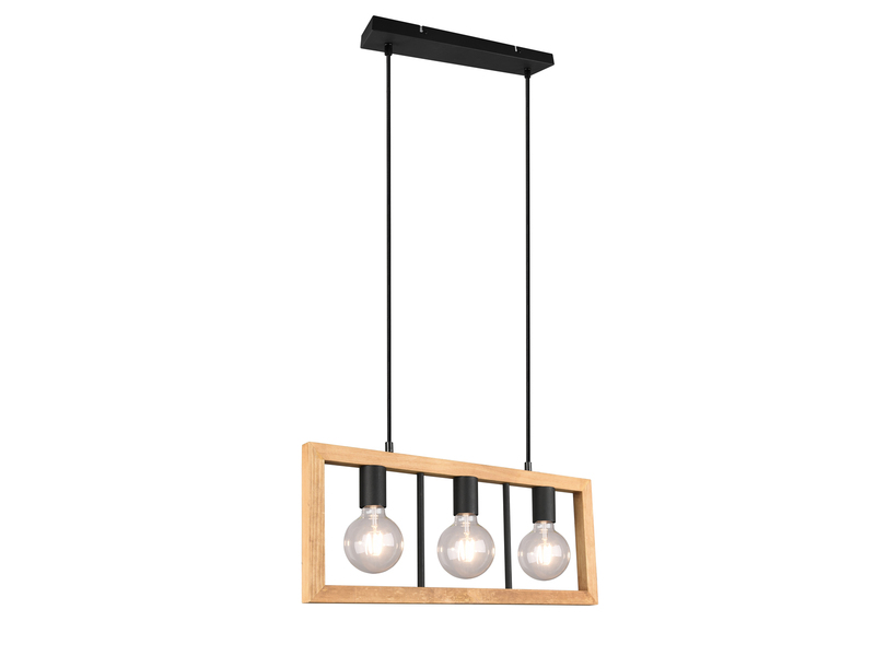 LED Balken Pendelleuchte 3 flammig Schwarz mit Holzbalken Breite 60cm