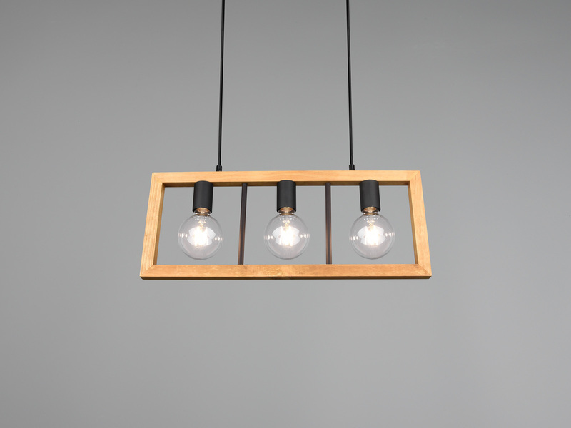 LED Balken Pendelleuchte 3 flammig Schwarz mit Holzbalken Breite 60cm