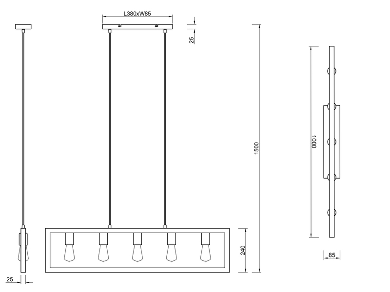 LED Balken Pendelleuchte 5 flammig Schwarz mit Holzbalken Breite 100cm