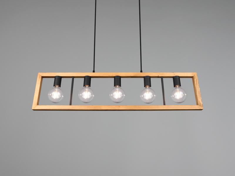 LED Balken Pendelleuchte 5 flammig Schwarz mit Holzbalken Breite 100cm