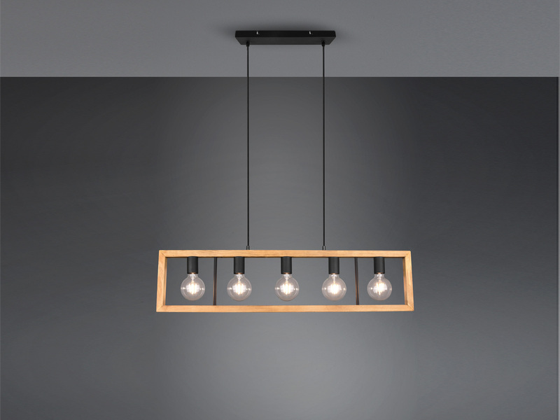 LED Balken Pendelleuchte 5 flammig Schwarz mit Holzbalken Breite 100cm