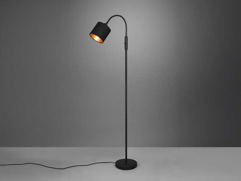 Kleine Stehlampe TOMMY mit Flexarm & Stoffschirm Schwarz Gold, Höhe 130cm
