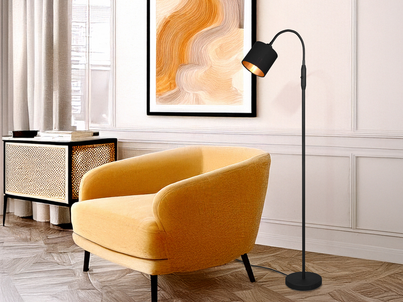 Kleine Stehleuchte TOMMY mit Flexarm & Stoffschirm Schwarz / Gold, Höhe 130cm