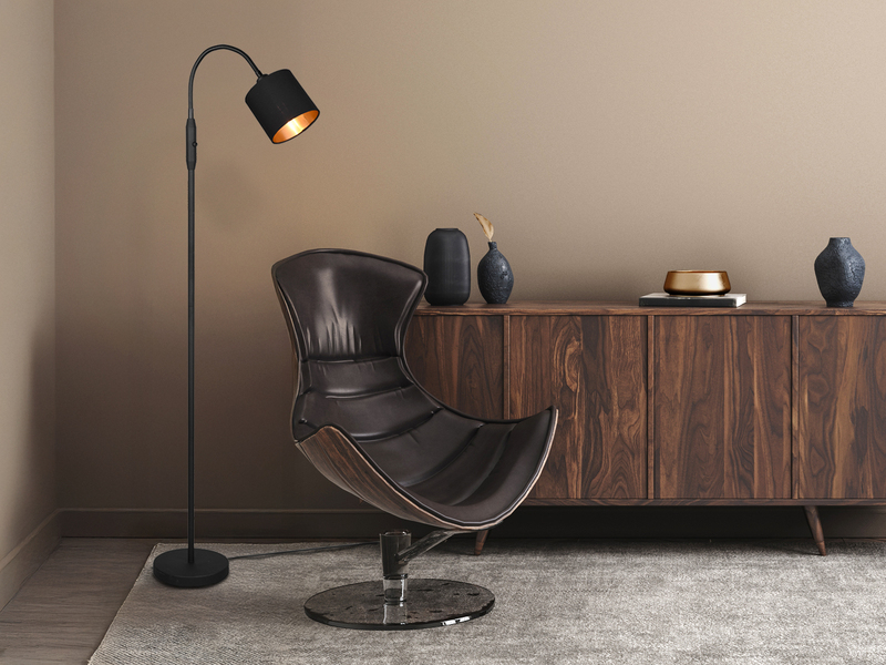 Kleine Stehlampe TOMMY mit Flexarm & Stoffschirm Schwarz Gold, Höhe 130cm