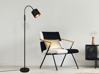 Kleine Stehlampe TOMMY mit Flexarm & Stoffschirm Schwarz Gold, Höhe 130cm