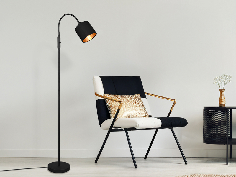 Kleine Stehlampe TOMMY mit Flexarm & Stoffschirm Schwarz Gold, Höhe 130cm