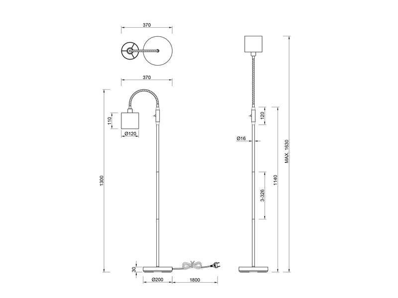 Kleine Stehleuchte TOMMY mit Flexarm & Stoffschirm Weiß, Höhe 130cm