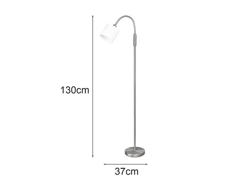 Kleine Stehlampe TOMMY Silber mit Flexarm & Stoffschirm Weiß, Höhe 130cm