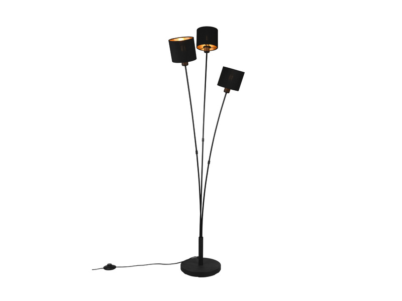 Stehlampe TOMMY 3-flammig Stoffschirme Schwarz Gold, Höhe 150cm