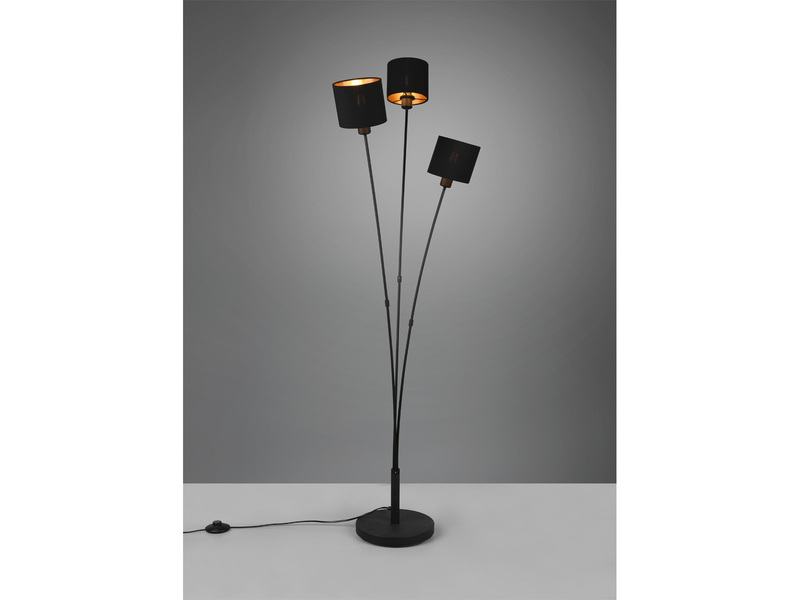 Stehlampe TOMMY 3-flammig Stoffschirme Schwarz Gold, Höhe 150cm
