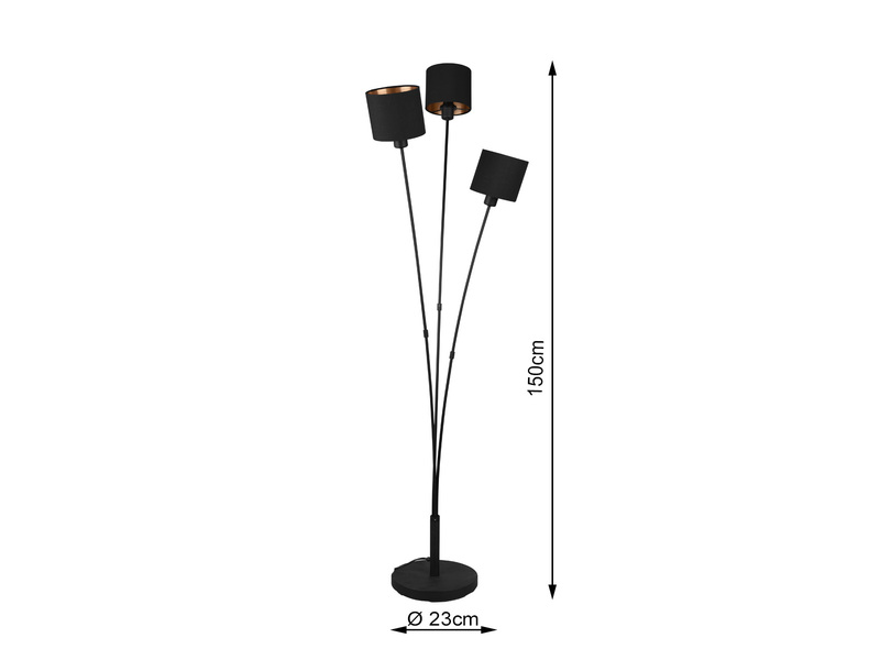 Stehlampe TOMMY 3-flammig Stoffschirme Schwarz Gold, Höhe 150cm