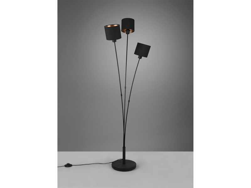 Stehlampe TOMMY 3-flammig Stoffschirme Schwarz Gold, Höhe 150cm