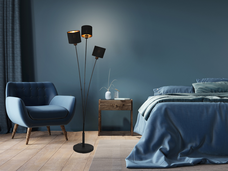 Stehlampe TOMMY 3-flammig Stoffschirme Schwarz Gold, Höhe 150cm
