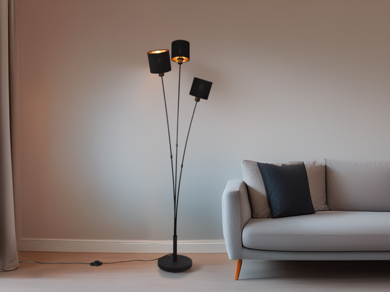 Stehlampe TOMMY 3-flammig Stoffschirme Schwarz Gold, Höhe 150cm