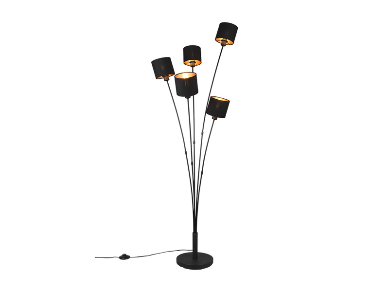 Stehlampe TOMMY 5-flammig Stoffschirme Schwarz Gold, Höhe 163cm