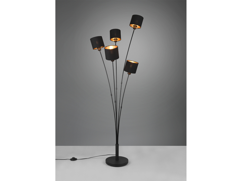 Stehlampe TOMMY 5-flammig Stoffschirme Schwarz Gold, Höhe 163cm