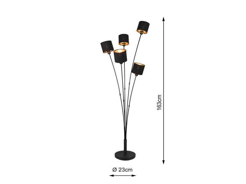 Stehlampe TOMMY 5-flammig Stoffschirme Schwarz Gold, Höhe 163cm