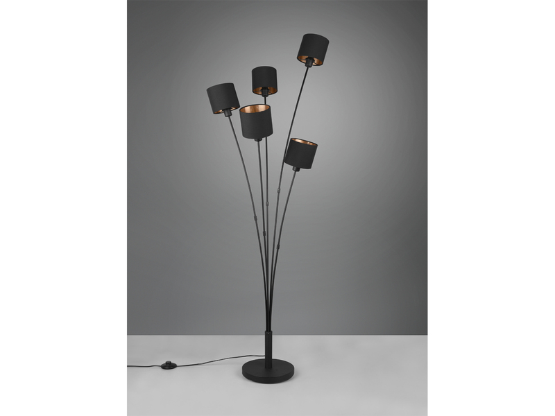 Stehlampe TOMMY 5-flammig Stoffschirme Schwarz Gold, Höhe 163cm