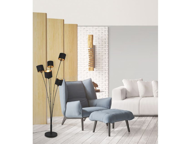 Stehlampe TOMMY 5-flammig Stoffschirme Schwarz Gold, Höhe 163cm