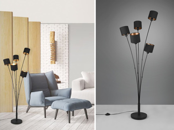 Stehlampe TOMMY 5-flammig Stoffschirme Schwarz Gold, Höhe 163cm