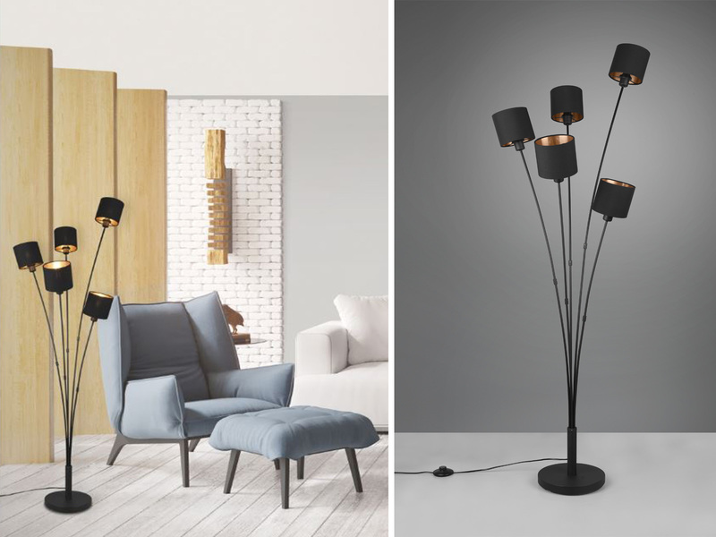 Stehlampe TOMMY 5-flammig Stoffschirme Schwarz Gold, Höhe 163cm