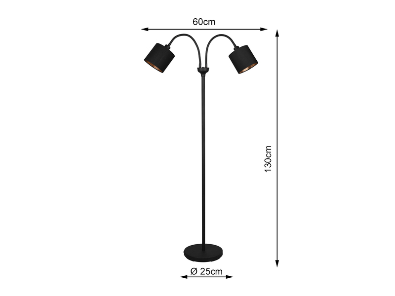 Stehlampe TOMMY 2-flammig mit Flexarm, Stoffschirme Schwarz Gold, Höhe 130cm