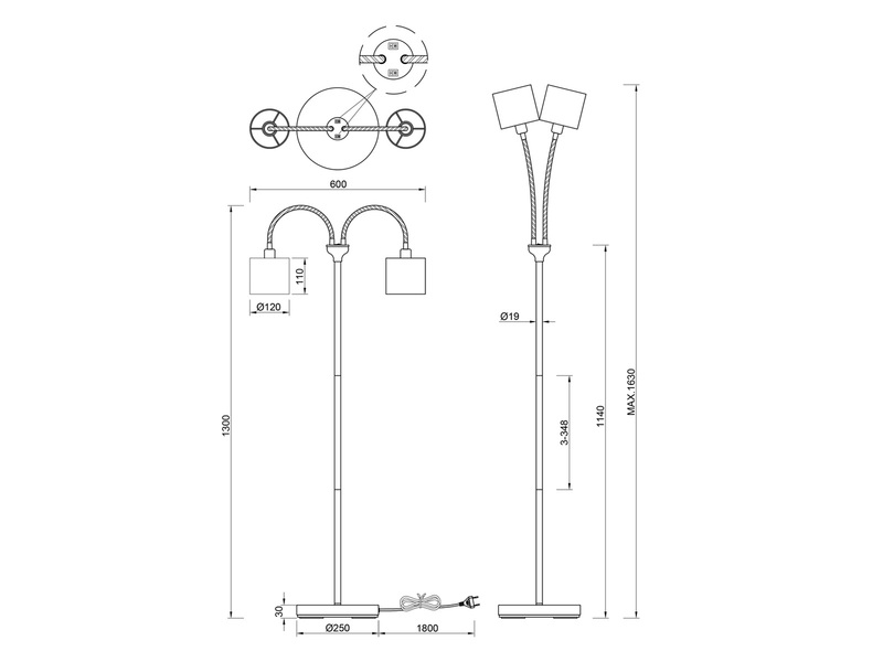 Stehlampe TOMMY 2-flammig mit Flexarm, Stoffschirme Schwarz Gold, Höhe 130cm