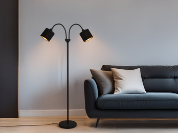 Stehlampe TOMMY 2-flammig mit Flexarm, Stoffschirme Schwarz Gold, Höhe 130cm