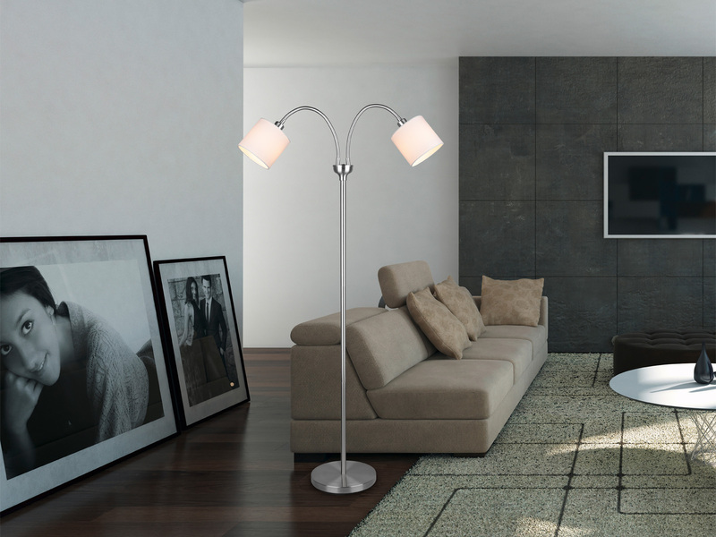Stehlampe TOMMY 2-flammig Metall Silber, Stoffschirme Weiß, Höhe 130cm