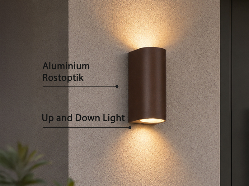 Runde Außenwandleuchte Up and Down Rostoptik mit GU10 LED, Höhe 15cm