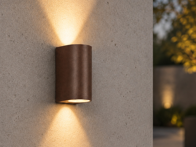 Runde Außenwandleuchte Up and Down Rostoptik mit GU10 LED, Höhe 15cm