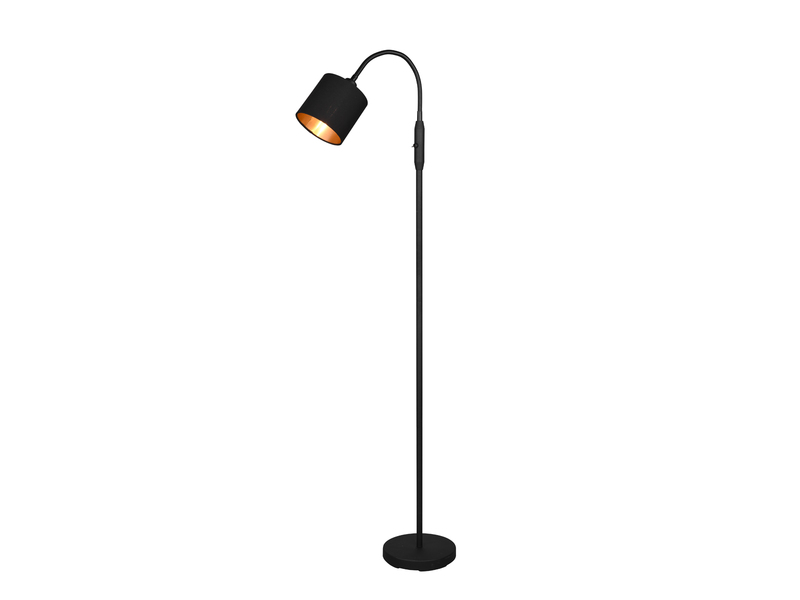 Kleine LED Stehleuchte Stoffschirm Schwarz/Gold mit Flexarm, Höhe 130cm