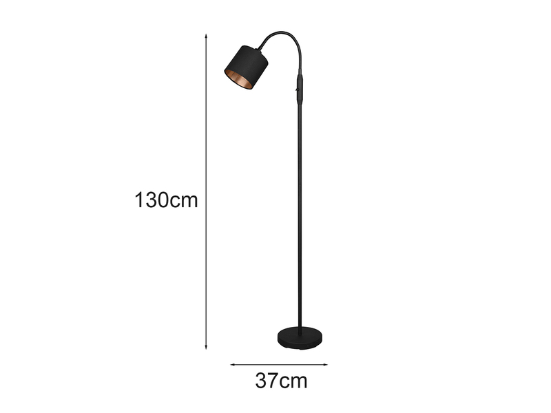 Kleine LED Stehleuchte mit Flexarm und Stoffschirm Schwarz Gold, Höhe 130cm