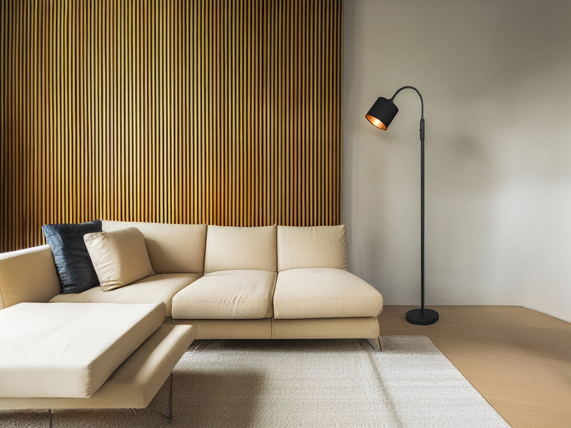 Kleine LED Stehleuchte mit Flexarm und Stoffschirm Schwarz Gold, Höhe 130cm