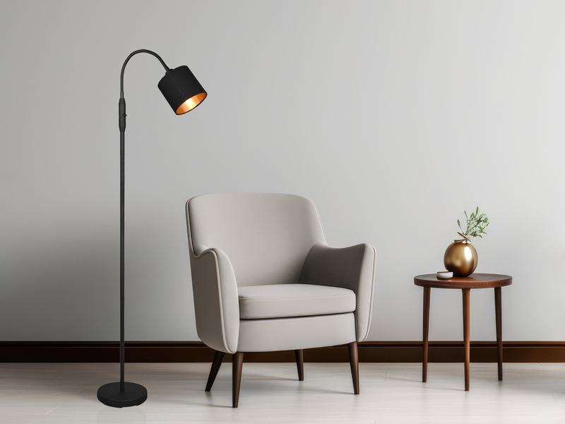 Kleine LED Stehleuchte mit Flexarm und Stoffschirm Schwarz Gold, Höhe 130cm