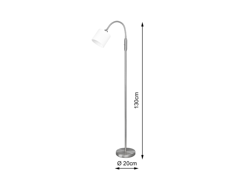 Kleine LED Stehleuchte Silber Stoffschirm Weiß mit Flexarm, Höhe 130cm