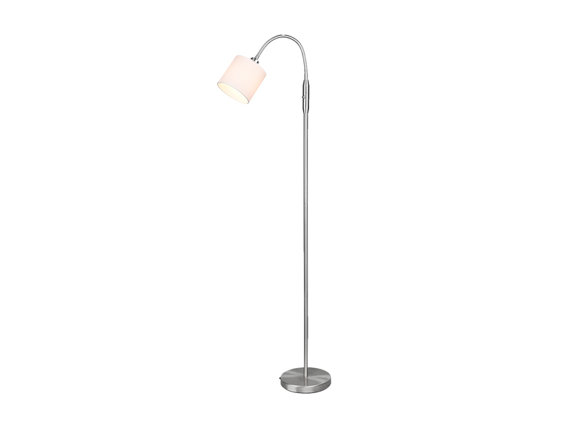 Kleine LED Stehleuchte Silber Stoffschirm Weiß mit Flexarm, Höhe 130cm