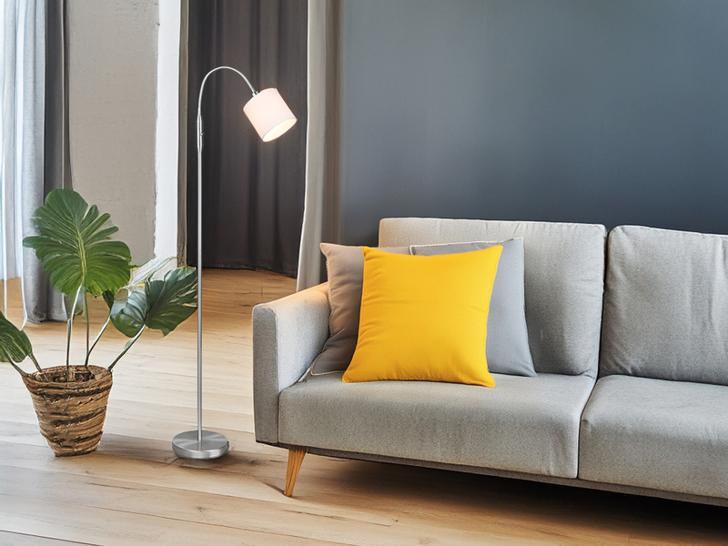 Kleine LED Stehleuchte Silber mit Flexarm und Stoffschirm Weiß, Höhe 130cm
