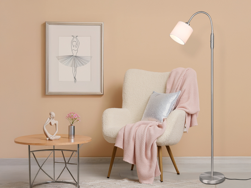 Kleine LED Stehleuchte Silber mit Flexarm und Stoffschirm Weiß, Höhe 130cm