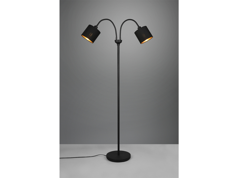 Stehlampe 2-flammig mit Flexarm Stoffschirme Schwarz Gold mit E14 LED Höhe 130cm