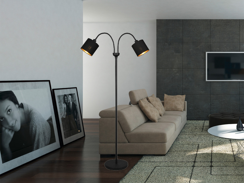 Stehlampe 2-flammig mit Flexarm Stoffschirme Schwarz Gold mit E14 LED Höhe 130cm