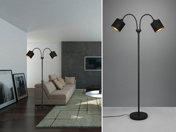 Stehlampe 2-flammig mit Flexarm Stoffschirme Schwarz Gold mit E14 LED Höhe 130cm Stehlampe 2-flammig mit Flexarm Stoffschirme Schwarz Gold mit E14 LED Höhe 130cm